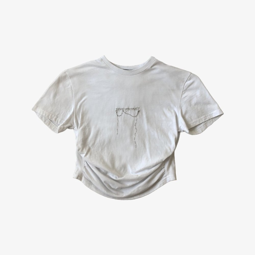White Cropped “Save Yourself” Top by Hyein Seo